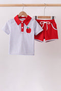 Blue Apple Embroidered Plaid Shorts Set