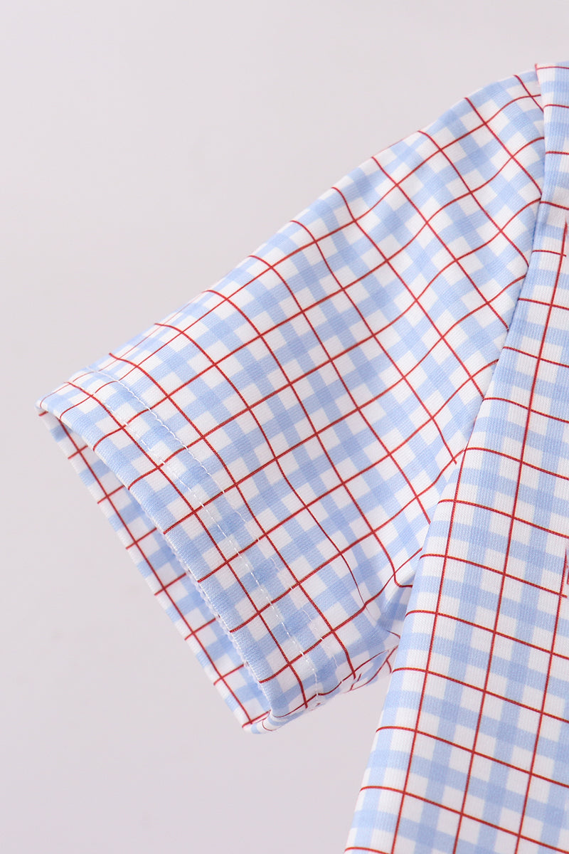 Blue Apple Embroidered Plaid Shorts Set