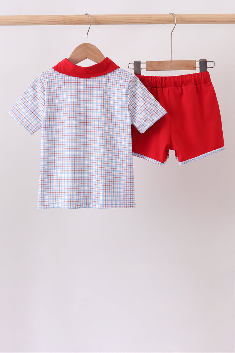 Blue Apple Embroidered Plaid Shorts Set