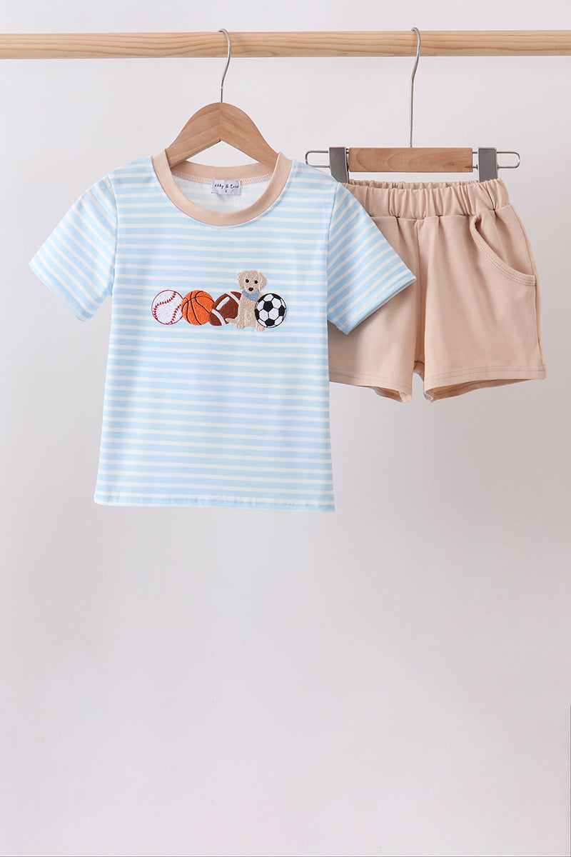 Blue Puppy Ball Embroidered Stripe Shorts Set