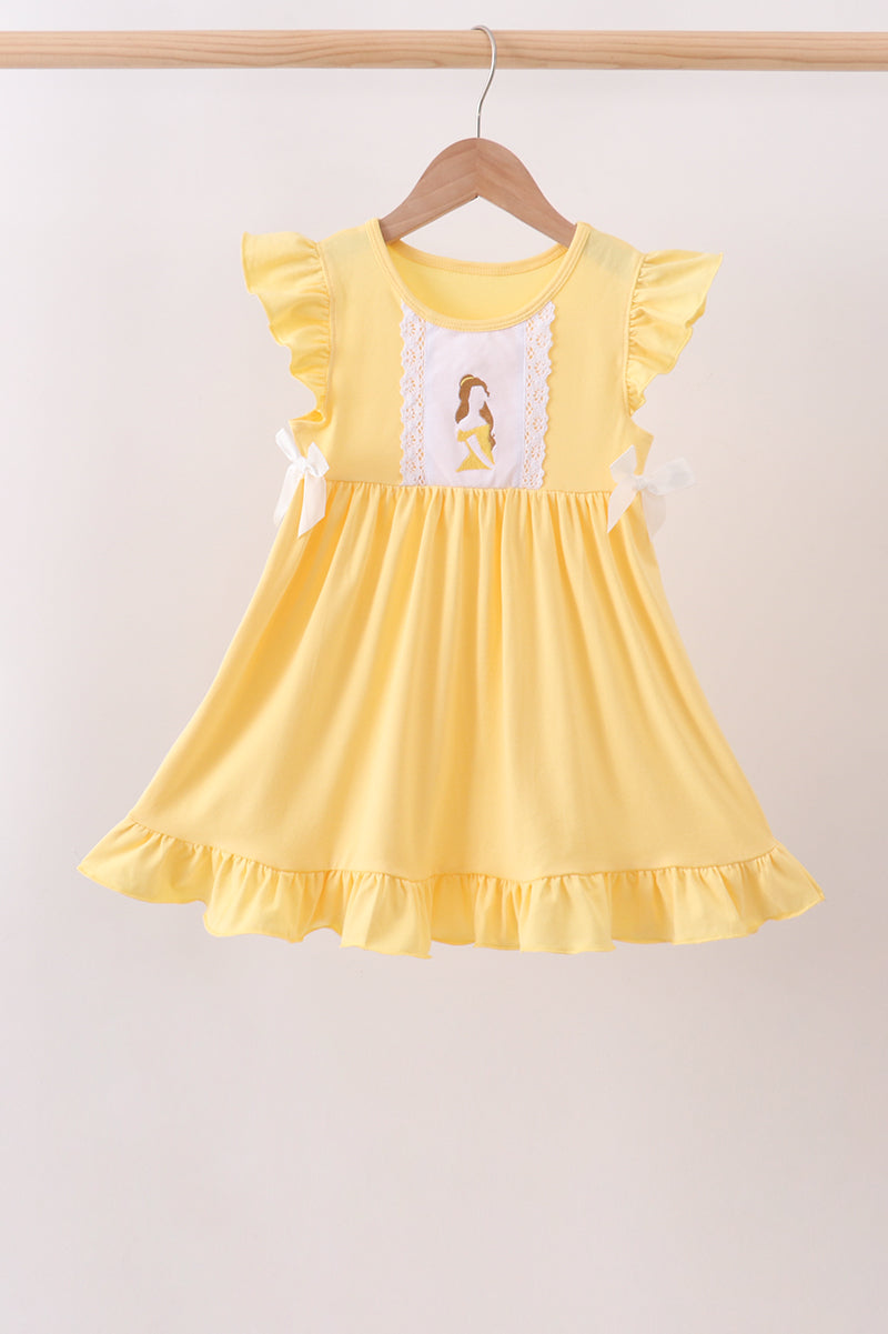 Mustard character embroidery ruffle dress