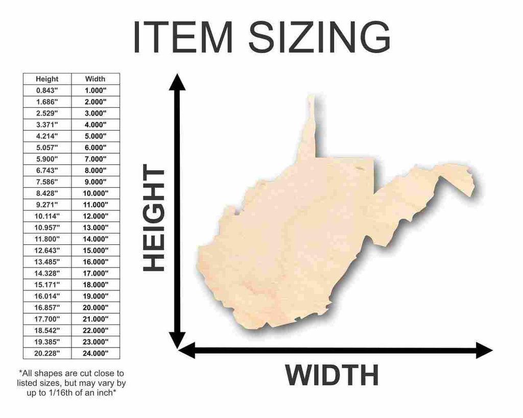 Unfinished Wood West Virginia Shape - State - Craft - up to 46" DIY