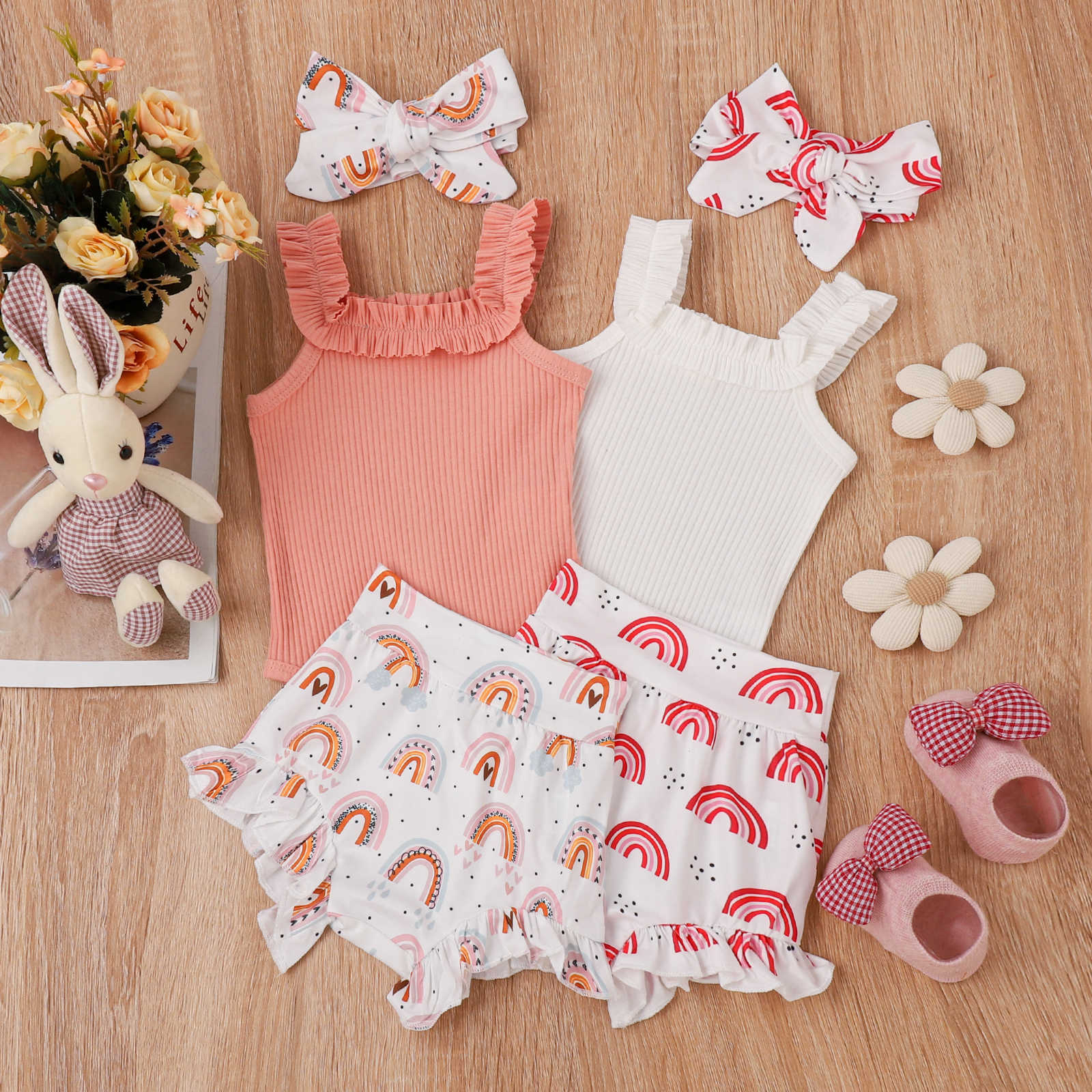Girls' Fashion Sling Pit Striped Harness Printed Shorts Set