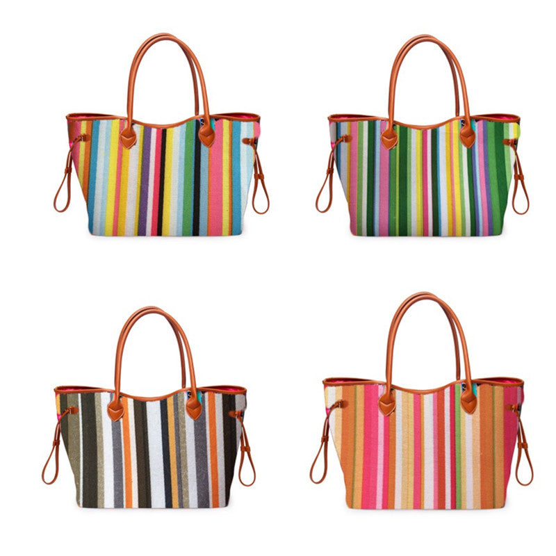 Women’s Rainbow Striped Tote – Multicolor Handbag, Shoulder Beach Shopper