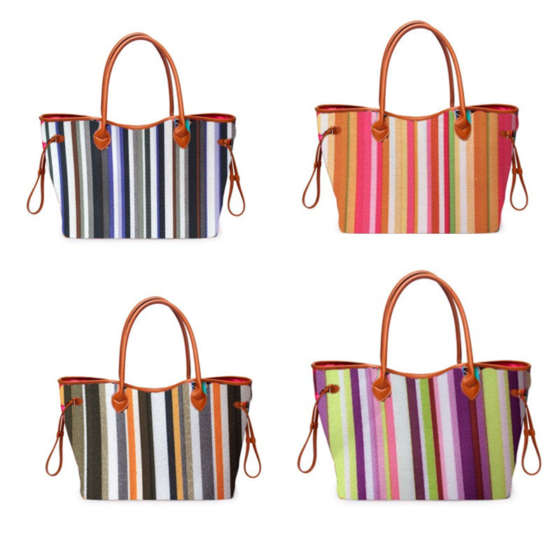 Women’s Rainbow Striped Tote – Multicolor Handbag, Shoulder Beach Shopper