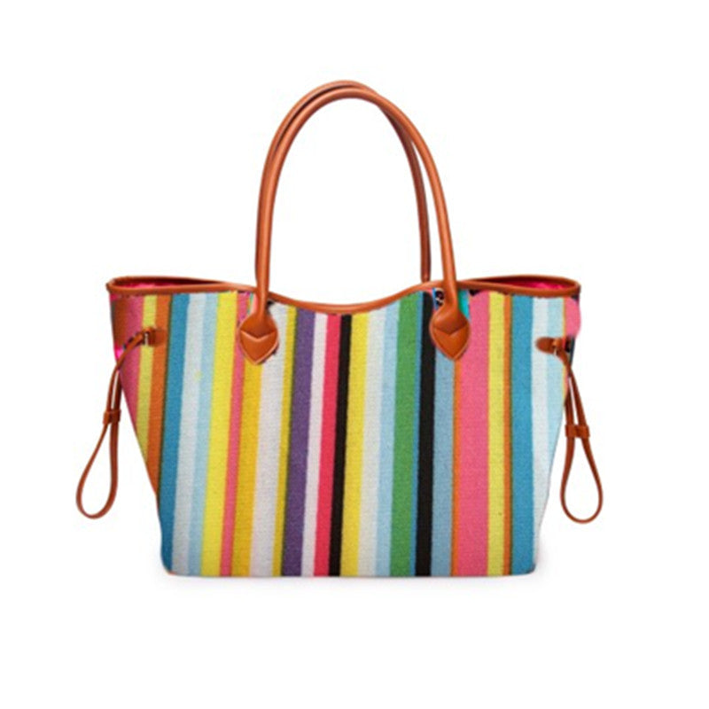 Women’s Rainbow Striped Tote – Multicolor Handbag, Shoulder Beach Shopper