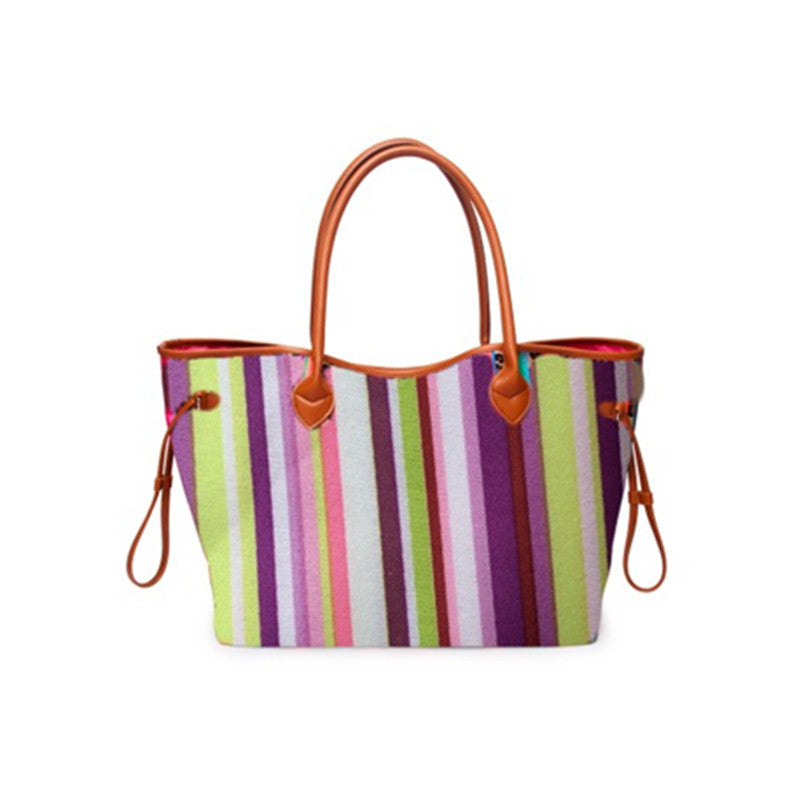 Women’s Rainbow Striped Tote – Multicolor Handbag, Shoulder Beach Shopper