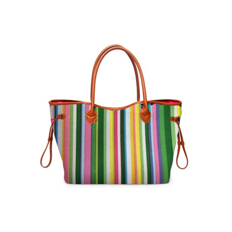 Women’s Rainbow Striped Tote – Multicolor Handbag, Shoulder Beach Shopper