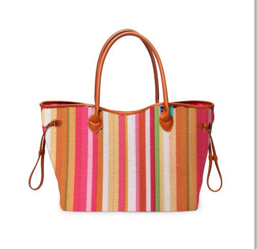 Women’s Rainbow Striped Tote – Multicolor Handbag, Shoulder Beach Shopper