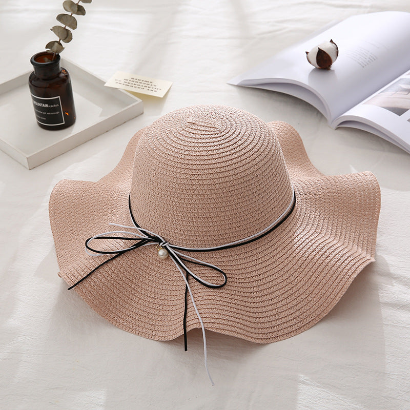 Summer Cap Black Ribbon Decorate Wavy Straw Hat For Girls Hat Kids Sun Cap Baby Beach Hats for Girls