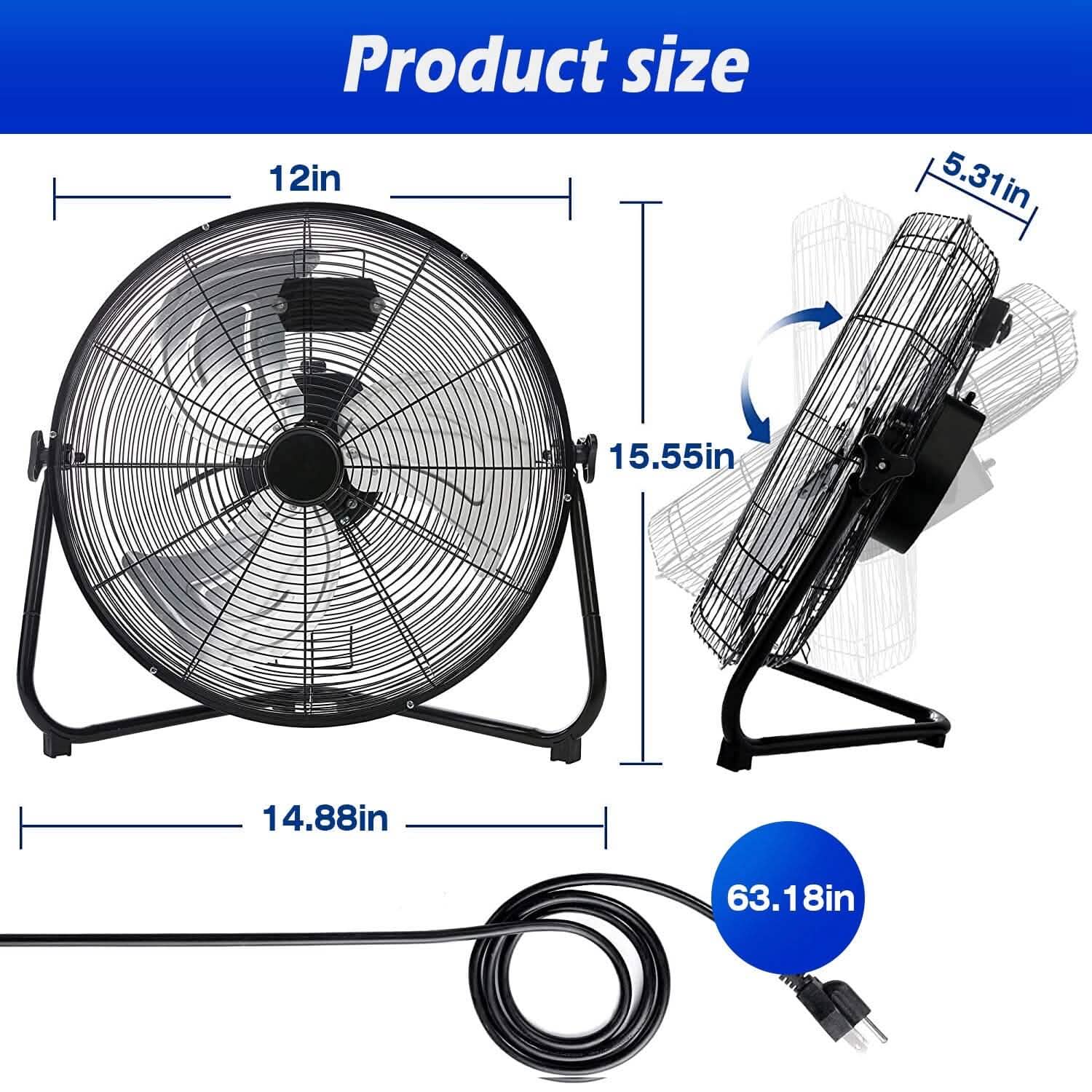 12" Floor Fan Copper Motor High-Velocity with 3 Adjustable Speeds