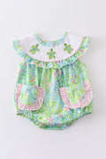 Green Turtle Embroidered Ruffle Bubble
