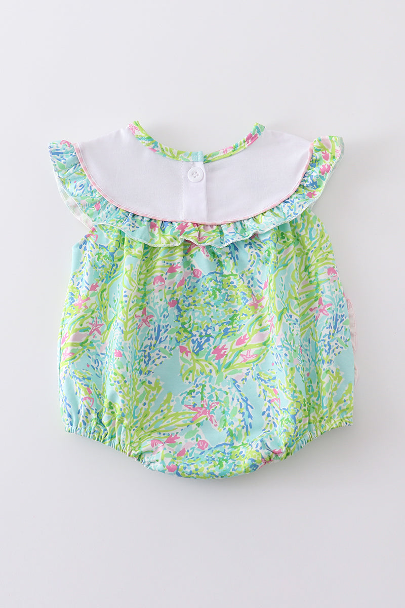 Green Turtle Embroidered Ruffle Bubble