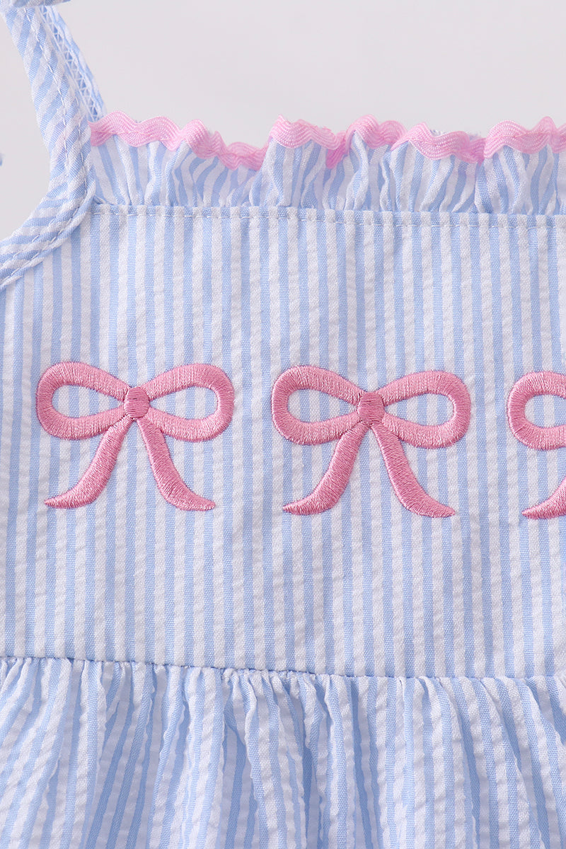 Blue Bow Embroidered Stripe Ruffle Dress