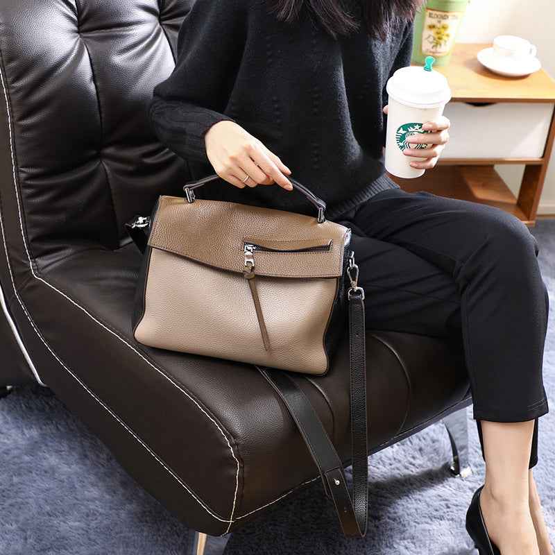 Genuine leather bag for female bag shoulder bag large capacity with contrast color pattern tote