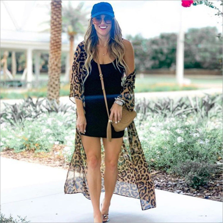 Chiffon Leopard Dot Bikini Cover-Up ¨C Sheer Resort Cardigan, Beach Kimono Sun Protection Dress