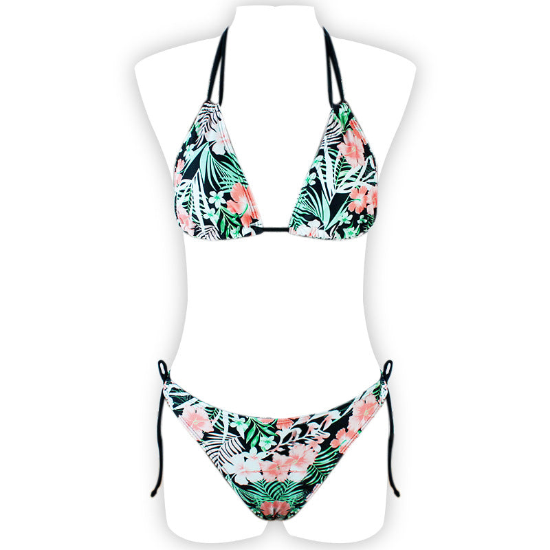 Multi-color printed neck strap halter sexy split bikini swimsuit
