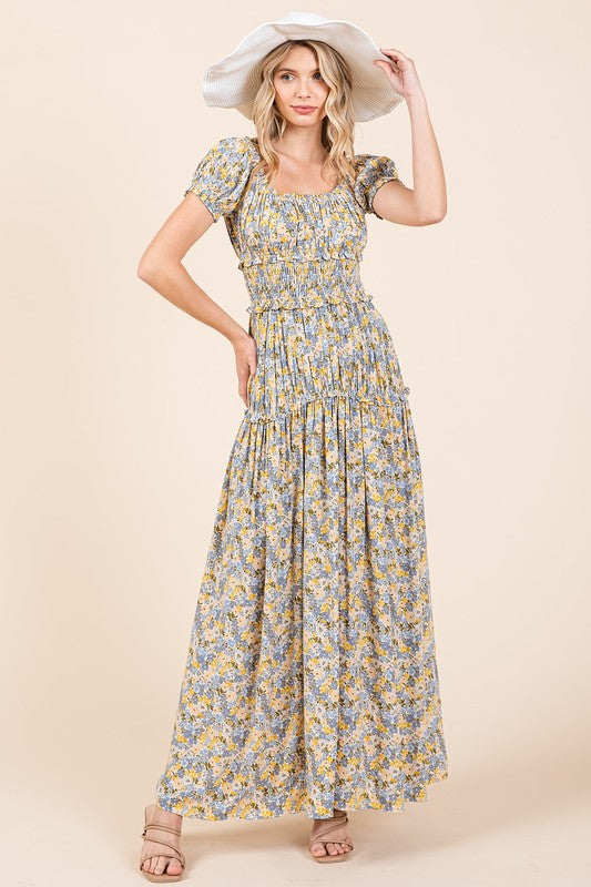 New Summer Flower Print Puff Sleeve Gathered Maxi Dress – Romantic and Feminine Floral Dress with Dramatic Sleeves