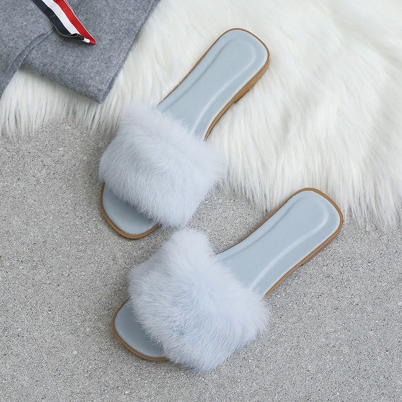 Fashion Fur Flat Women's Slippers Plus Size Spring Summer Fluffy Fur Slippers Shoes Woman Plush Fur Slip On Flip Flop Flat Furry Fur Slides Outdoor Sandals Furry Slides Summer Sandals Open Toe Indoor Outdoor Fluffy Slides