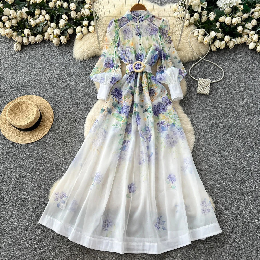 Lace-Trim Printed Dress – Mandarin Collar Long Sleeve Tie-Waist A-Line Maxi, Office Commuter Frock