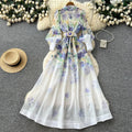 Lace-Trim Printed Dress – Mandarin Collar Long Sleeve Tie-Waist A-Line Maxi, Office Commuter Frock
