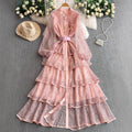 Lace Floral Mandarin Collar Long Sleeve Dress – Women's Early Fall Socialite Tie-Waist Slim-Fit Midi