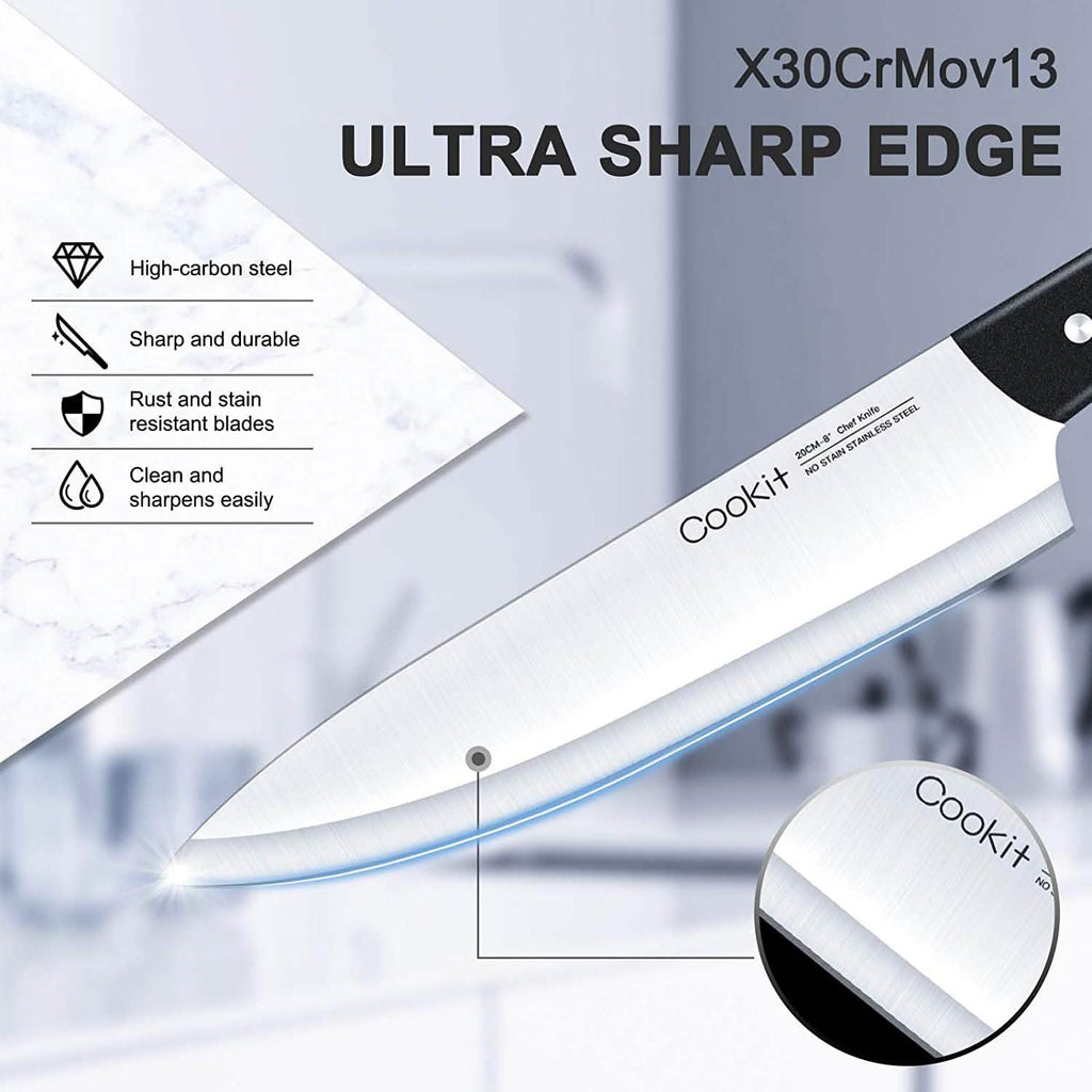 15-Pieces Set: Cookit Germany Stainless Steel Knife Block Set and Serrated Steak Knives