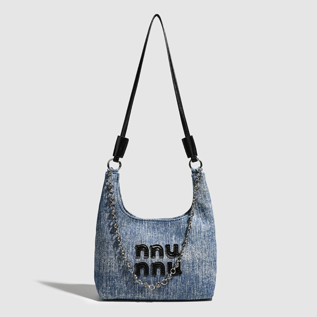 Simple retro small bucket bag, Versatile denim shoulder bag, Chain bag Crossbody bag, slouch hobo purse