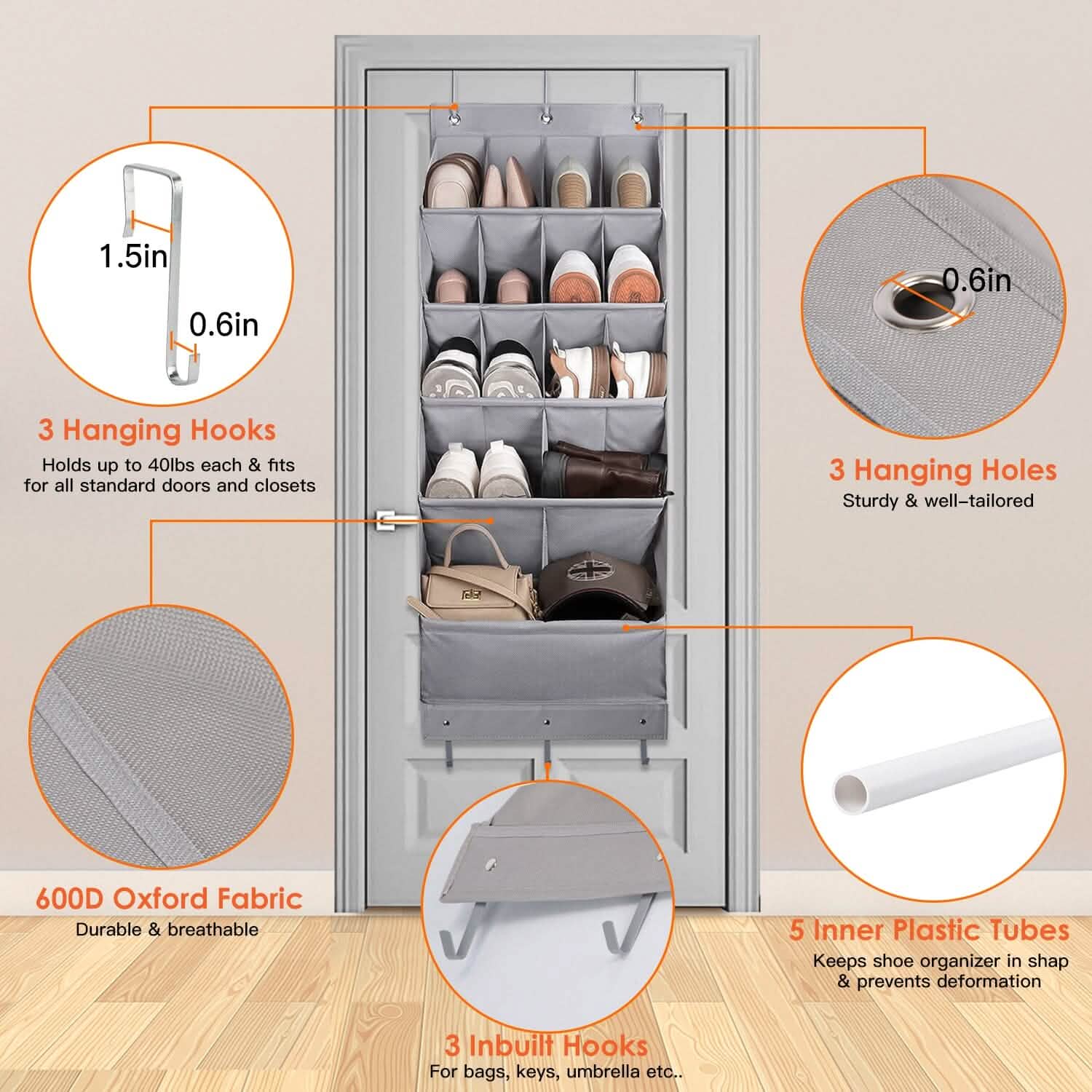 16 Pockets Over The Door Shoe Organizer 5 Tier with 6 Hooks