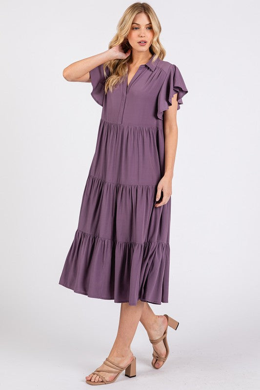Ruffle Sleeve Collared V Neck Tiered Midi Dress For Women – Elegant and Feminine Dress with Ruffled Sleeves and Tiered Design