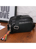 Women Small Crossbody Bag Beige With Multiple Pockets Trendy Tassel Compact Organized Square Purse Black With Wide Comfortable Nylon Guitar Strap