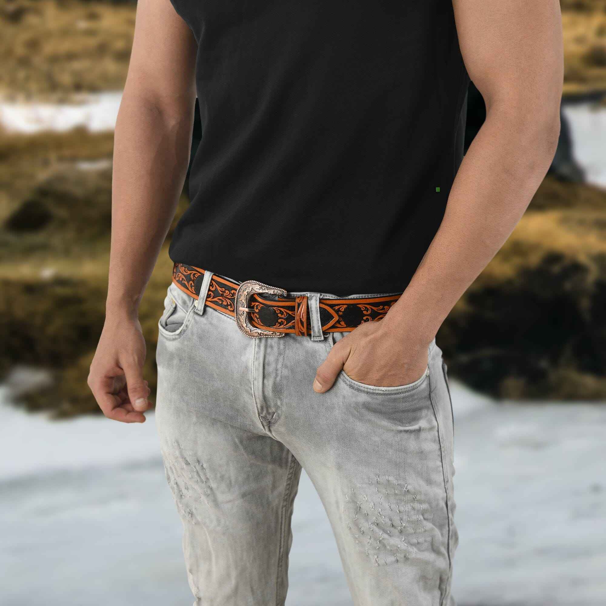 Western Cowboy Leather Belt - Black & Brown
