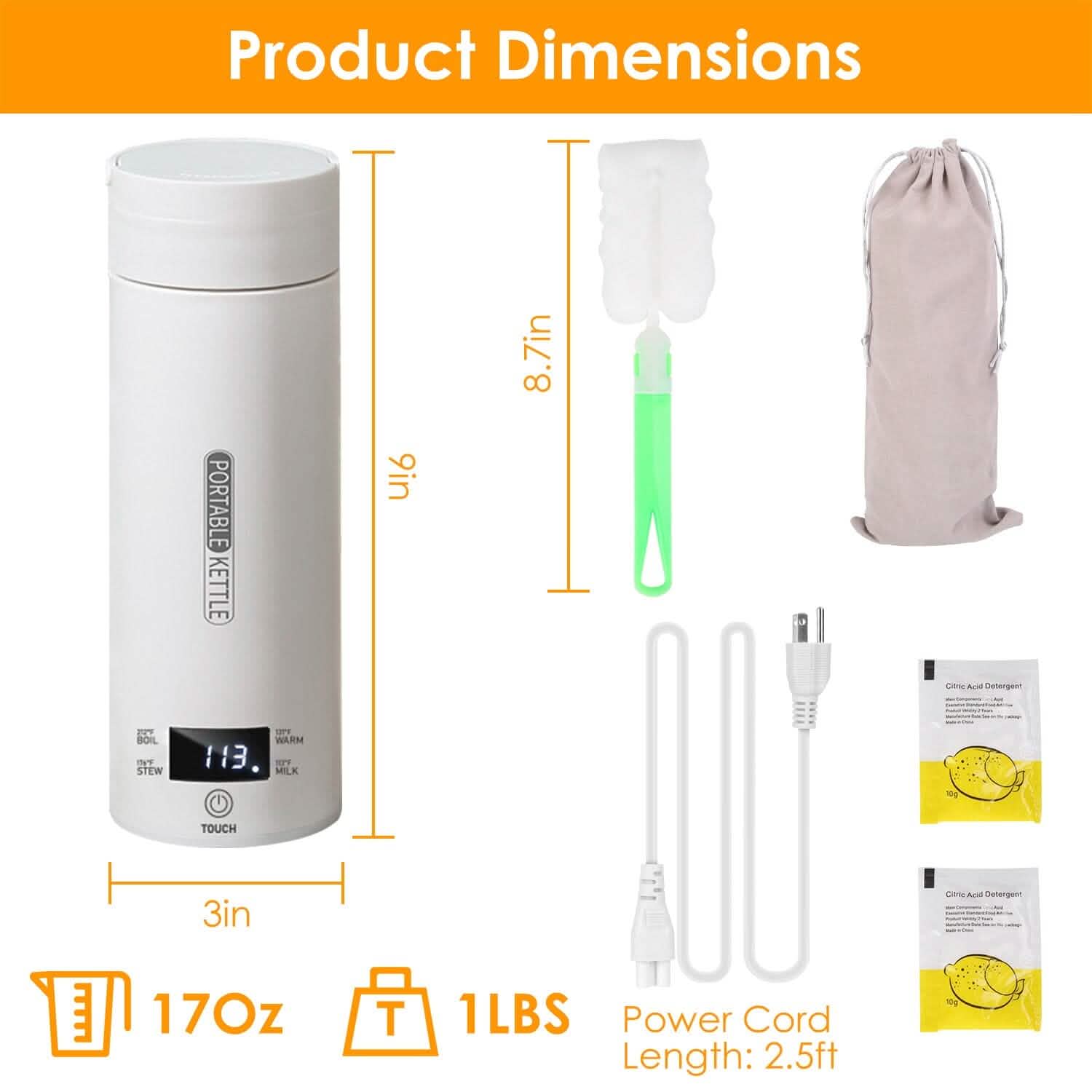 17Oz Stainless Steel Travel Electric Kettle with 4 Temperature Preset Modes