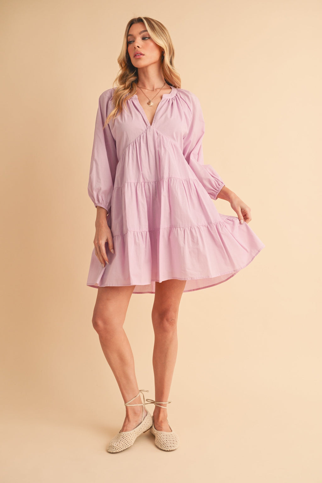 Notched Balloon Sleeve Tiered Mini Dress For Women–Trendy, Chic Style with Modern Balloon Sleeves, Tiered Layers for a Playful & Flirty Look