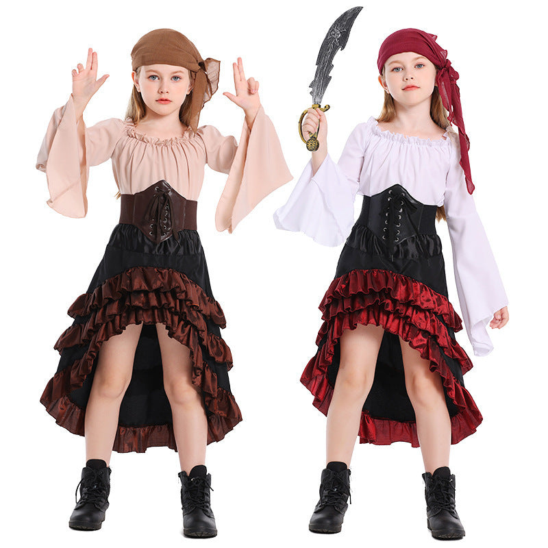 Halloween Retro Front Short Back Long Irregular Ruffled High Waist Dress Up