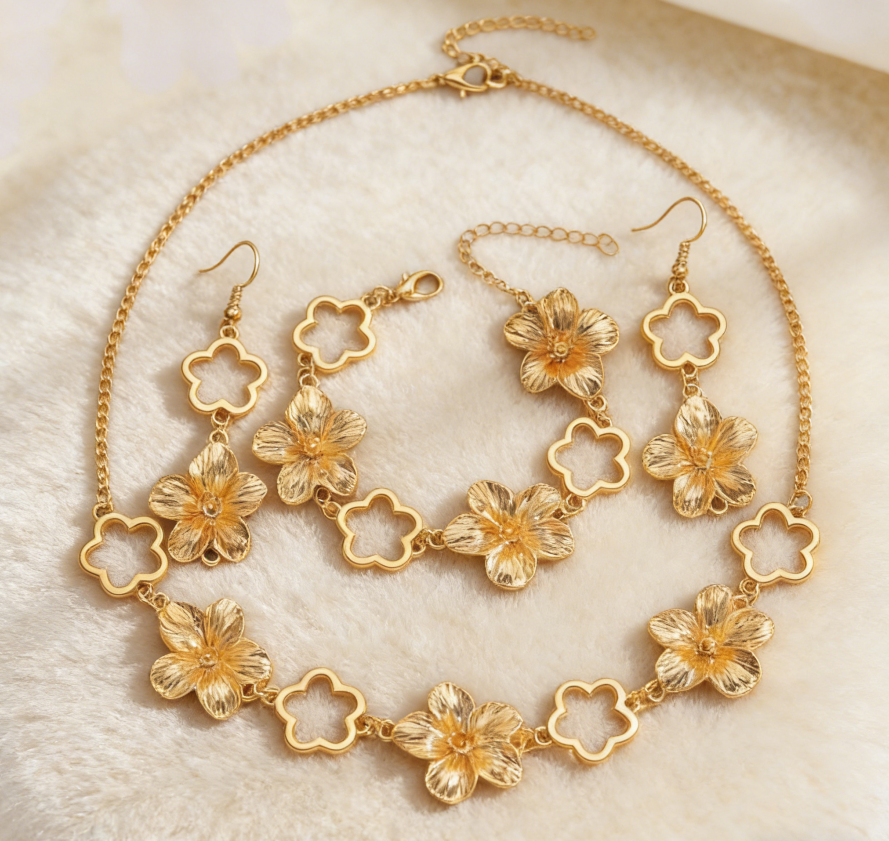 Elegant Hollow Flower Bracelet & Earrings Set