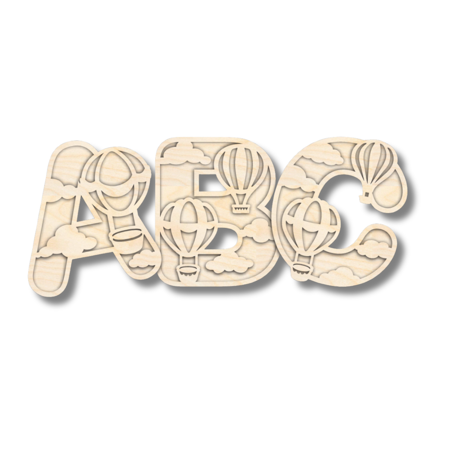 Unfinished Wood Layered Themed Letters | Clouds & Hot Air Balloons | A-Z | 2 Piece | up to 24"