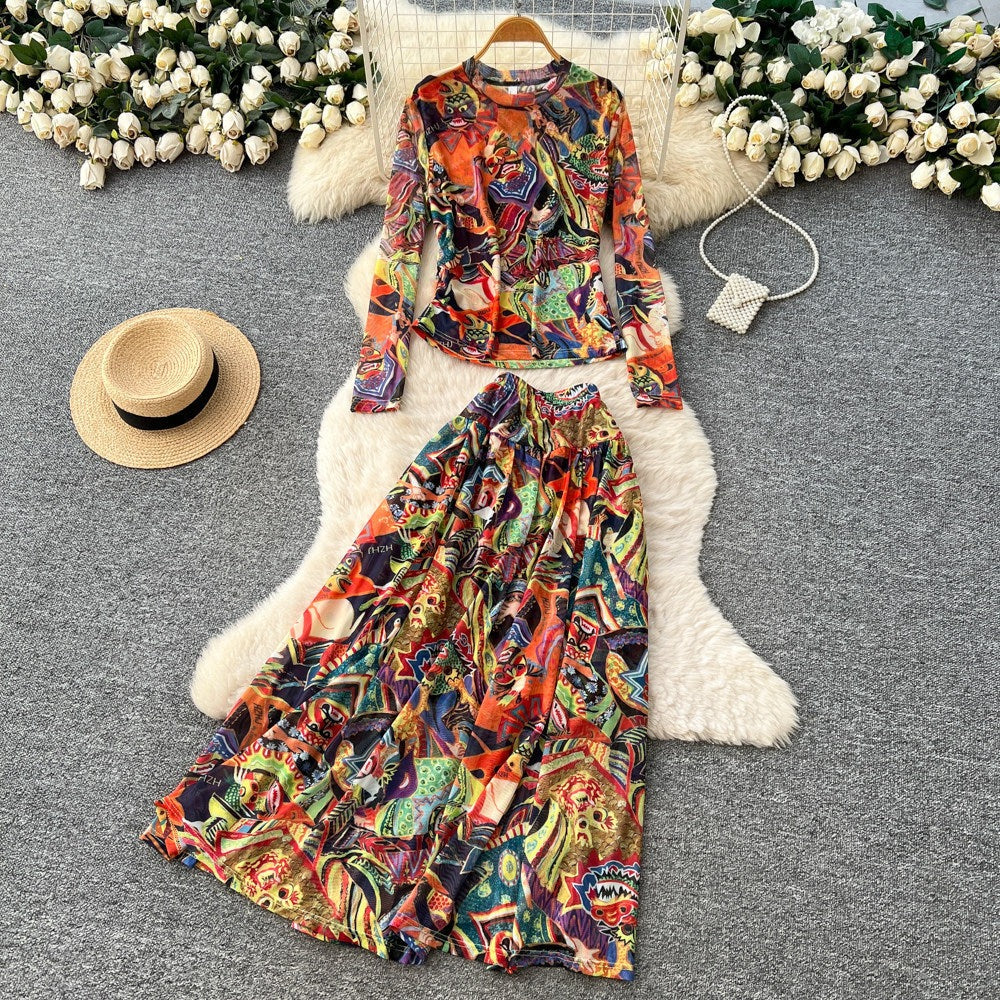 Women’s Printed Crewneck Long Sleeve Tee + High-Waist Flared Maxi Skirt Set – Casual Coord