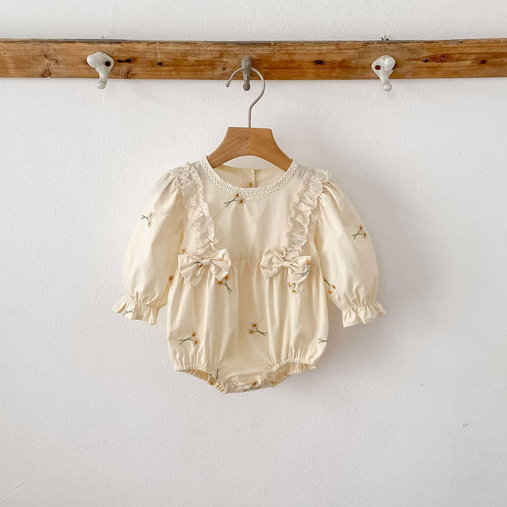 Baby Bodysuit With Long Sleeves Bow And Embroidery