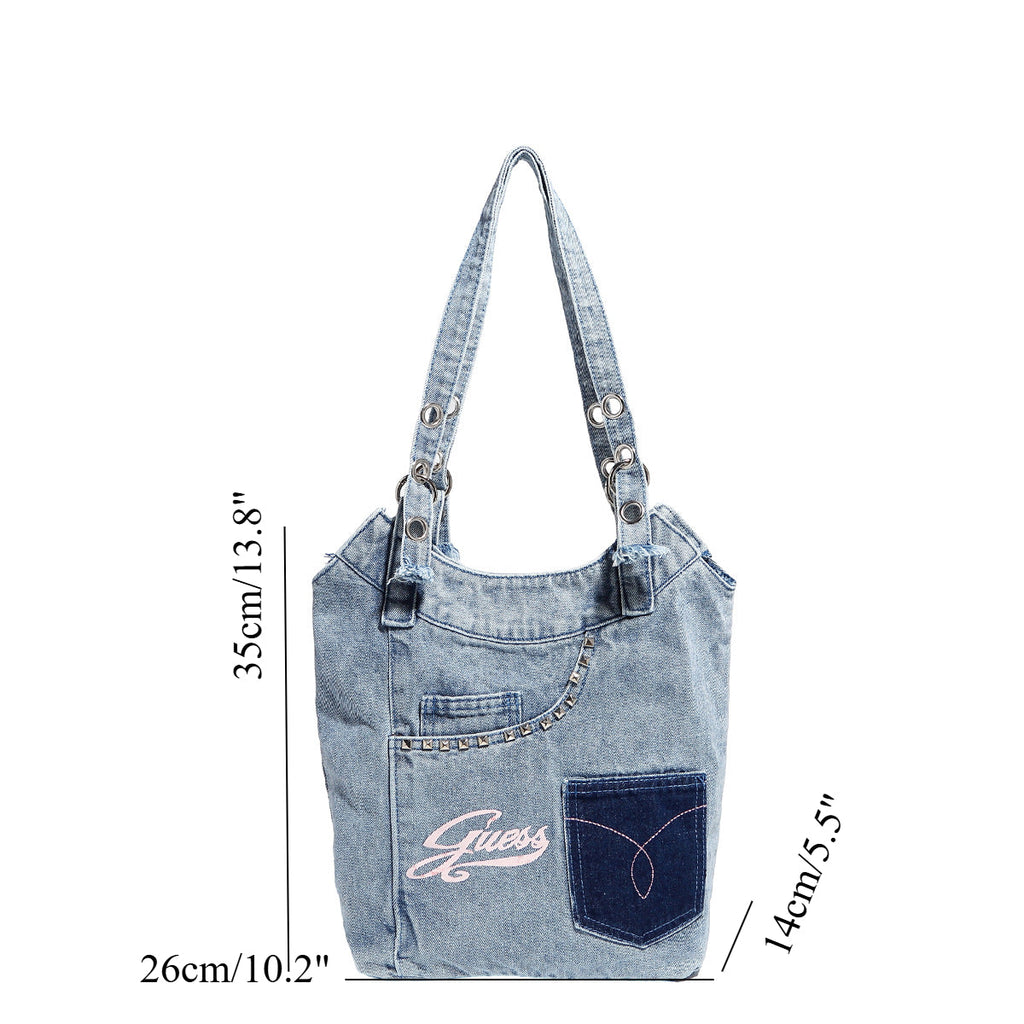 Washed denim shoulder bag, Spice girl sweet cool retro hobo bag, fashionable splicing shoulder bag, versatile hobo women's bag