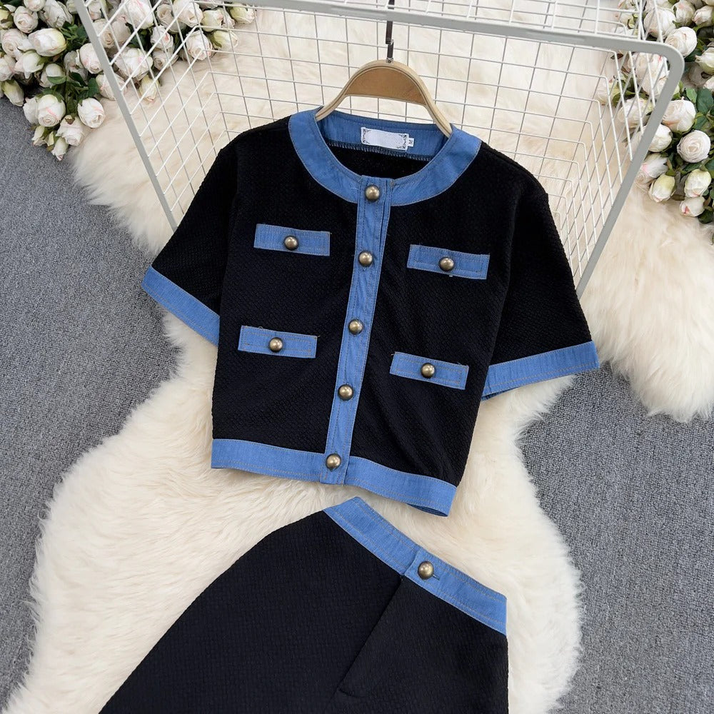 Fashion Two-Piece Set – Elegant Crewneck Single-Breasted Denim Contrast Crop Top + Skirt Suit
