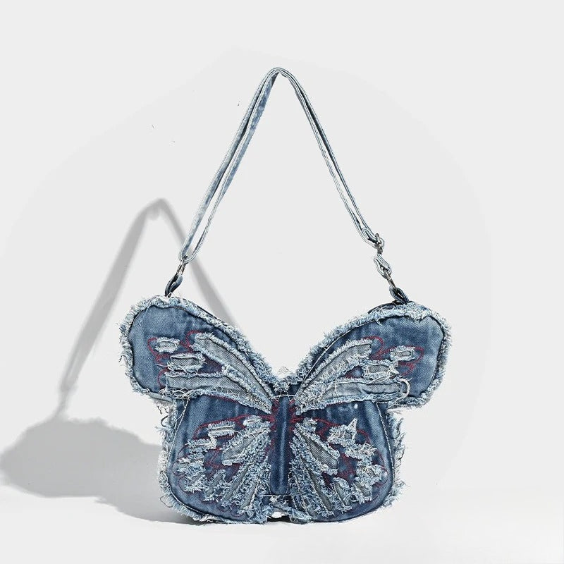 Design washed denim bag, butterfly shaped bag, punk denim bag, shoulder bag, backpack purse for women