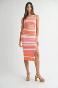 Multi Color Striped Front Cutout Knit Midi Dress For Summer – Vibrant Striped Knit Dress, Modern Cutout Midi Dress, Trendy Colorblock Dress, Chic Summer Event Dress