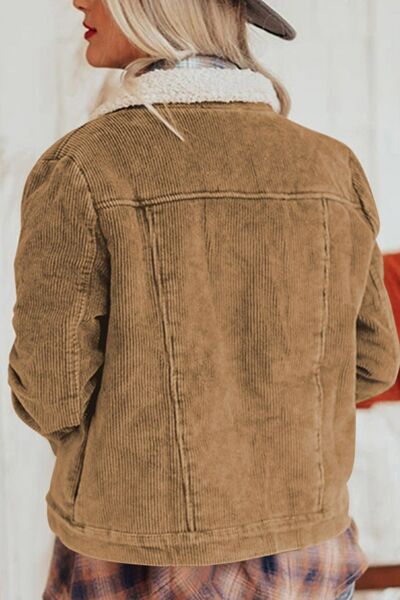 Vintage Women Winter Corduroy Snap Down Jacket With Collared Neck and Plush Lining