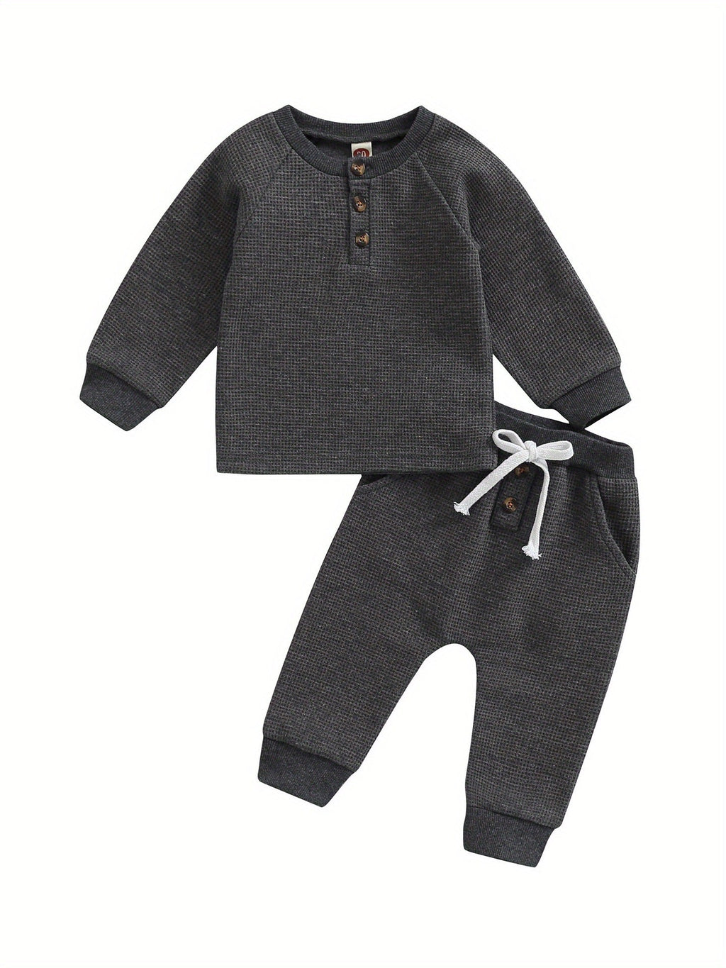 Toddler Thicken Waffle Clothes Set Boy Girls Buttons Round