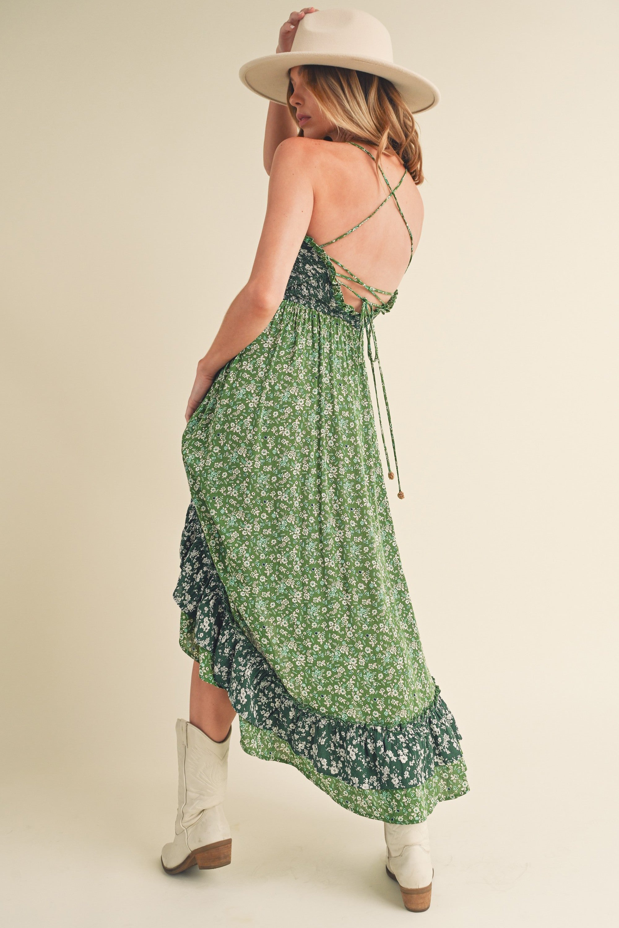 Ditsy Floral Ruffled Hem Maxi Cami Dress For Women –Romantic Floral Print, Flowy Maxi Length, Feminine & Elegant Design for Casual & Special Occasions