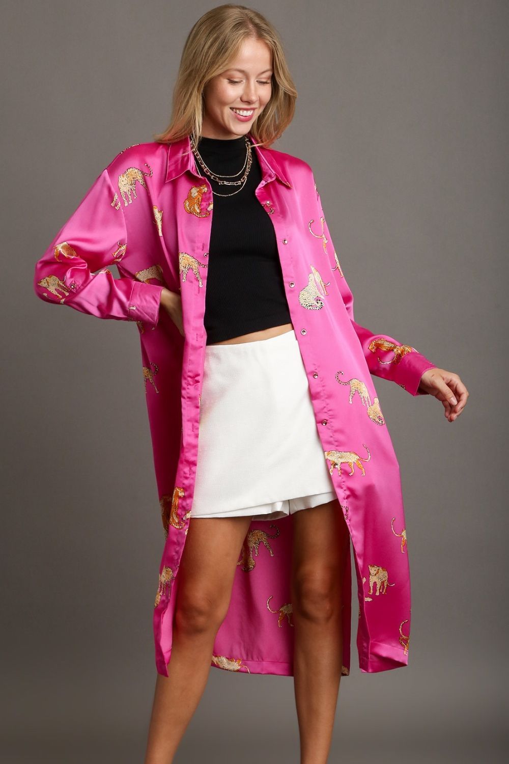 Bold Animal Print Button Down Midi Shirt Dress for Plus Size Women Comfortable, Chic & Elegant Buttoned Print Midi Dress with Slit