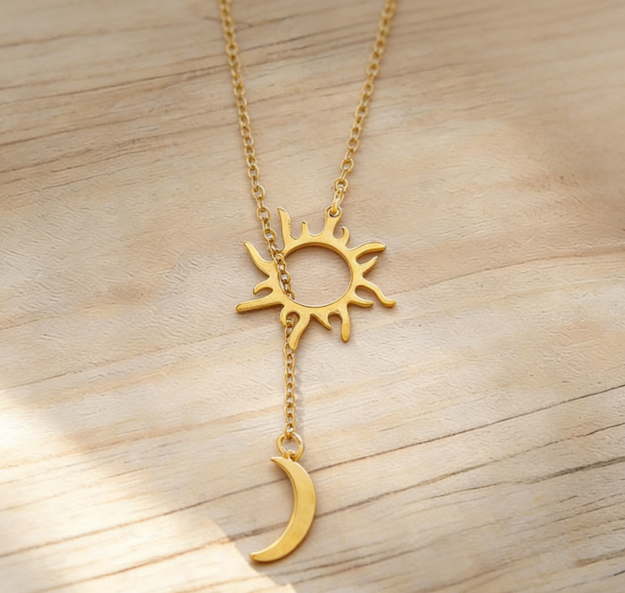 Stainless Steel Sun & Moon Y-Shaped Necklace