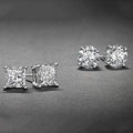2-Pairs: White Gold High Polish Finish Stud Earrings Cubic Zirconia Round and Princess Cut