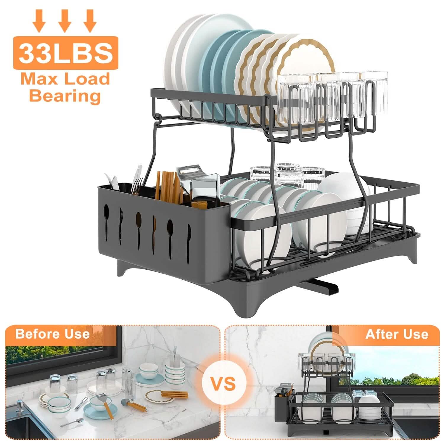 2-Tier Dish Rack Drainer Organizer Set with Utensil Cup Holder Rack Swivel Spout